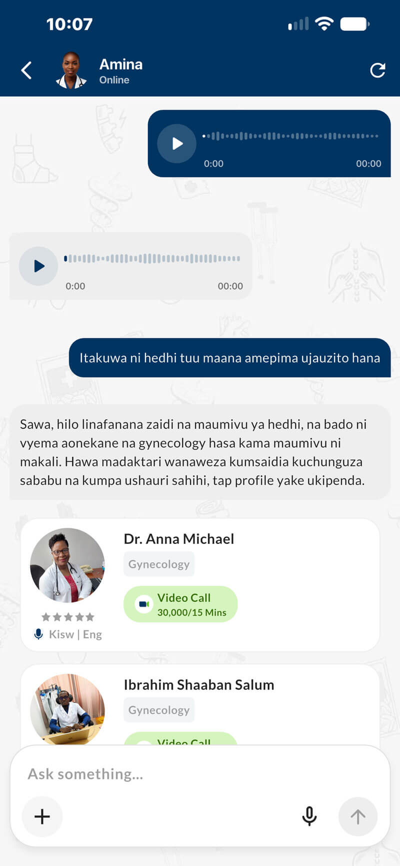 Amina explaining a health concern in Kiswahili and showing relevant doctors in TanzMED
