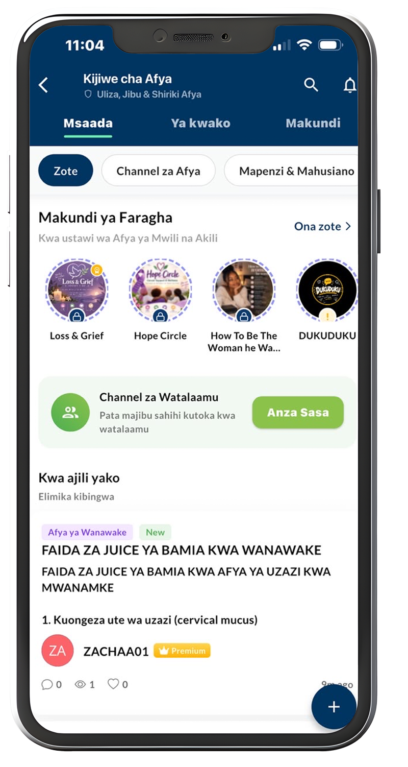 TanzMED Kijiwe showing private health groups, expert channels and community discussions